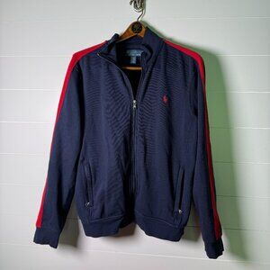 VTG Polo Ralph Lauren Men's Navy w/ Red Stripe Fleece Full Zip Up Sz Large